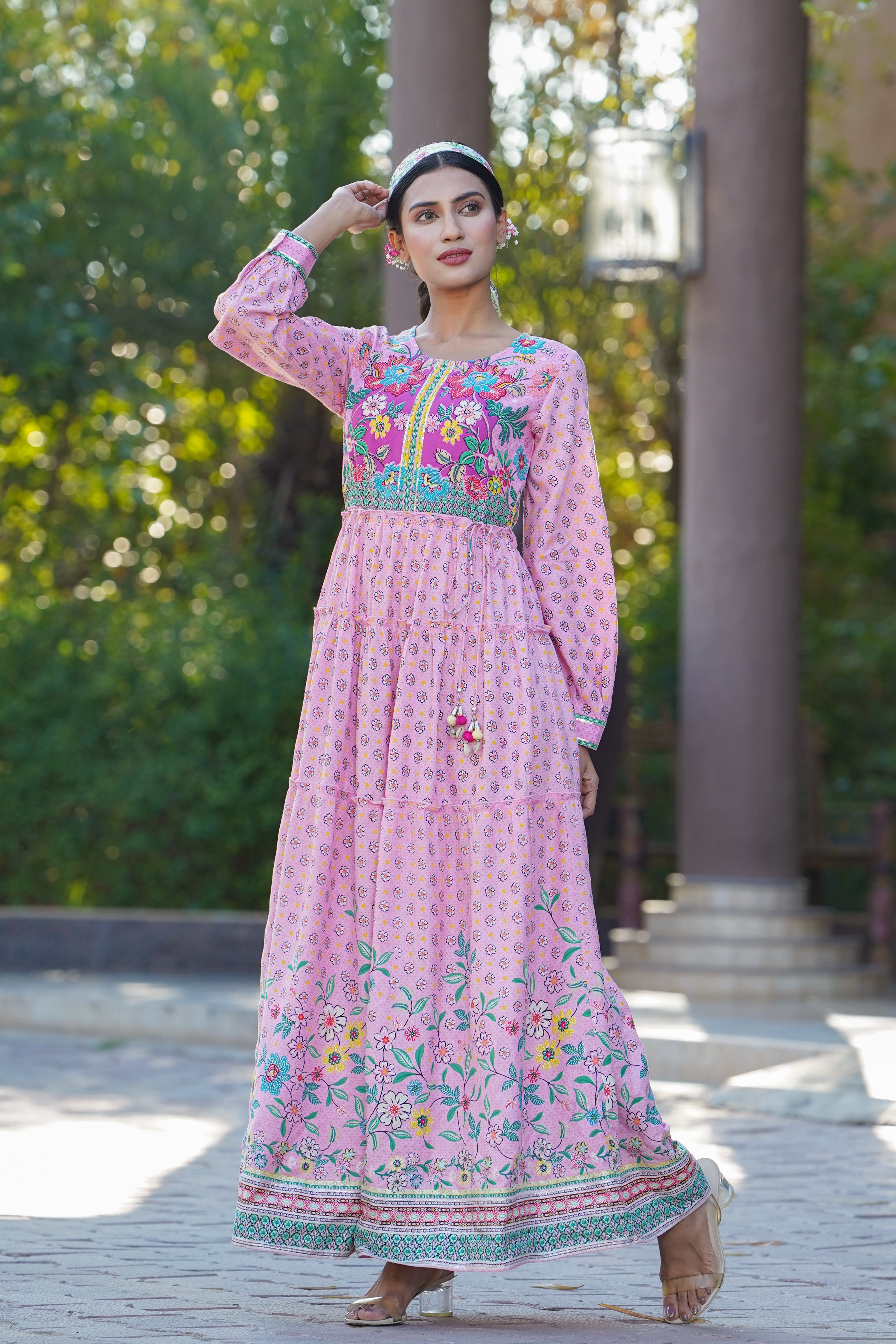 Juniper Womens Pink Cambric Floral Printed Tiered Maxi Dress - Distacart