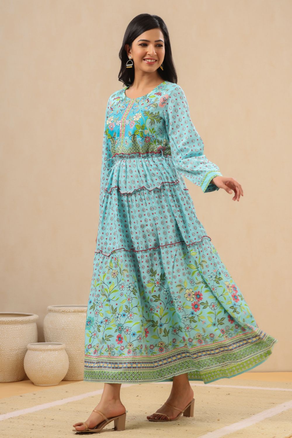 Juniper Womens Skyblue Rayon Floral Printed Tiered Dress - Distacart