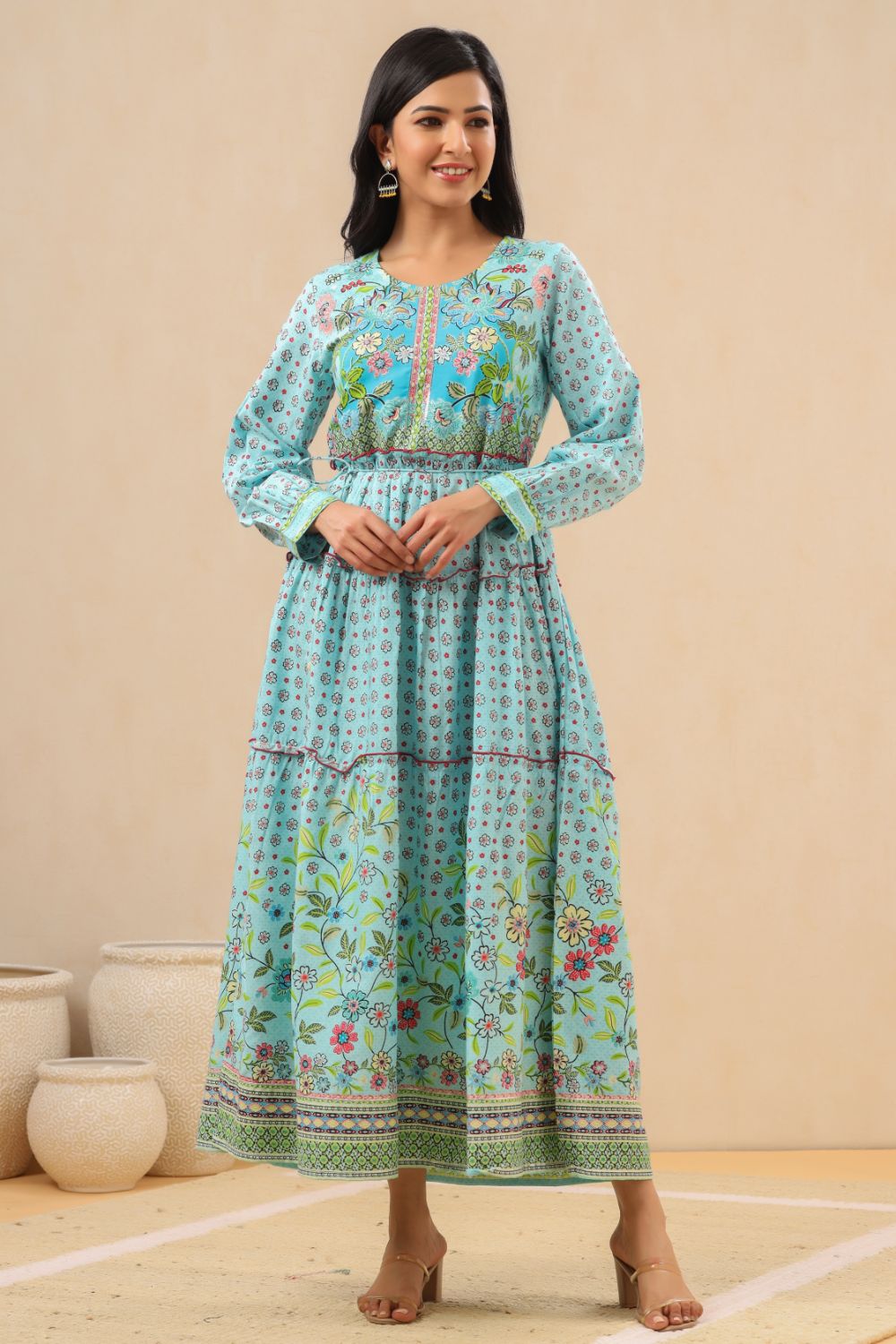 Juniper Womens Skyblue Rayon Floral Printed Tiered Dress - Distacart