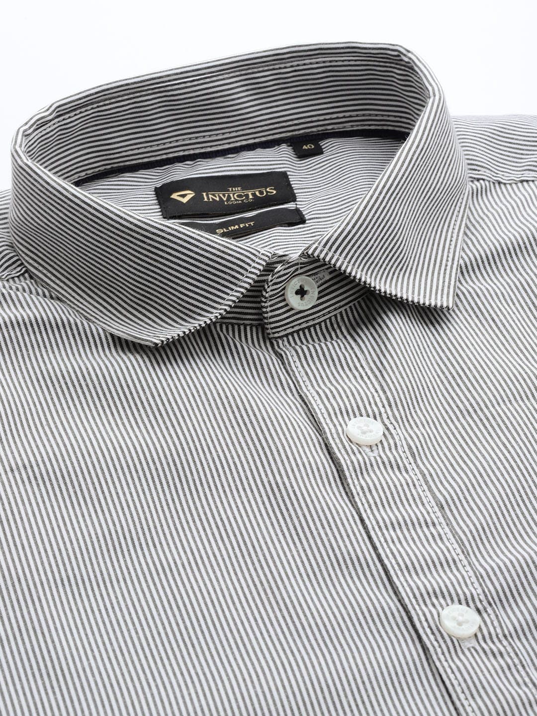 INVICTUS Men Charcoal Grey & White Slim Fit Pure Cotton Striped Formal ... image.