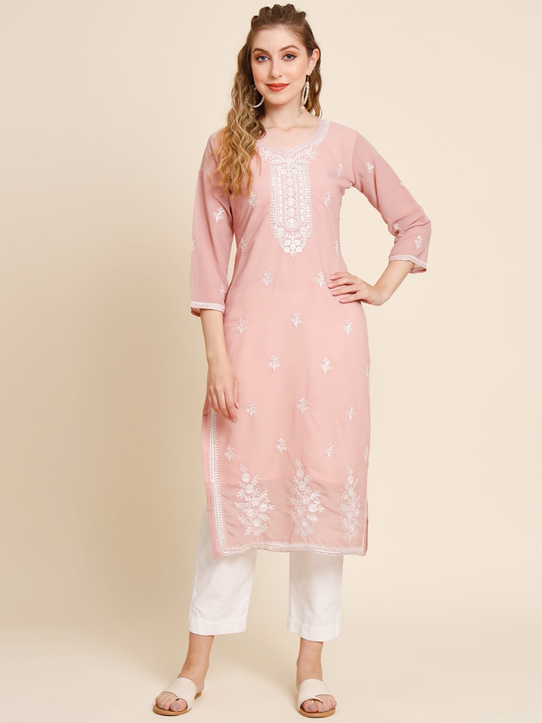 HERE&NOW Ethnic Motifs Embroidered Sequined Georgette Kurta - Distacart