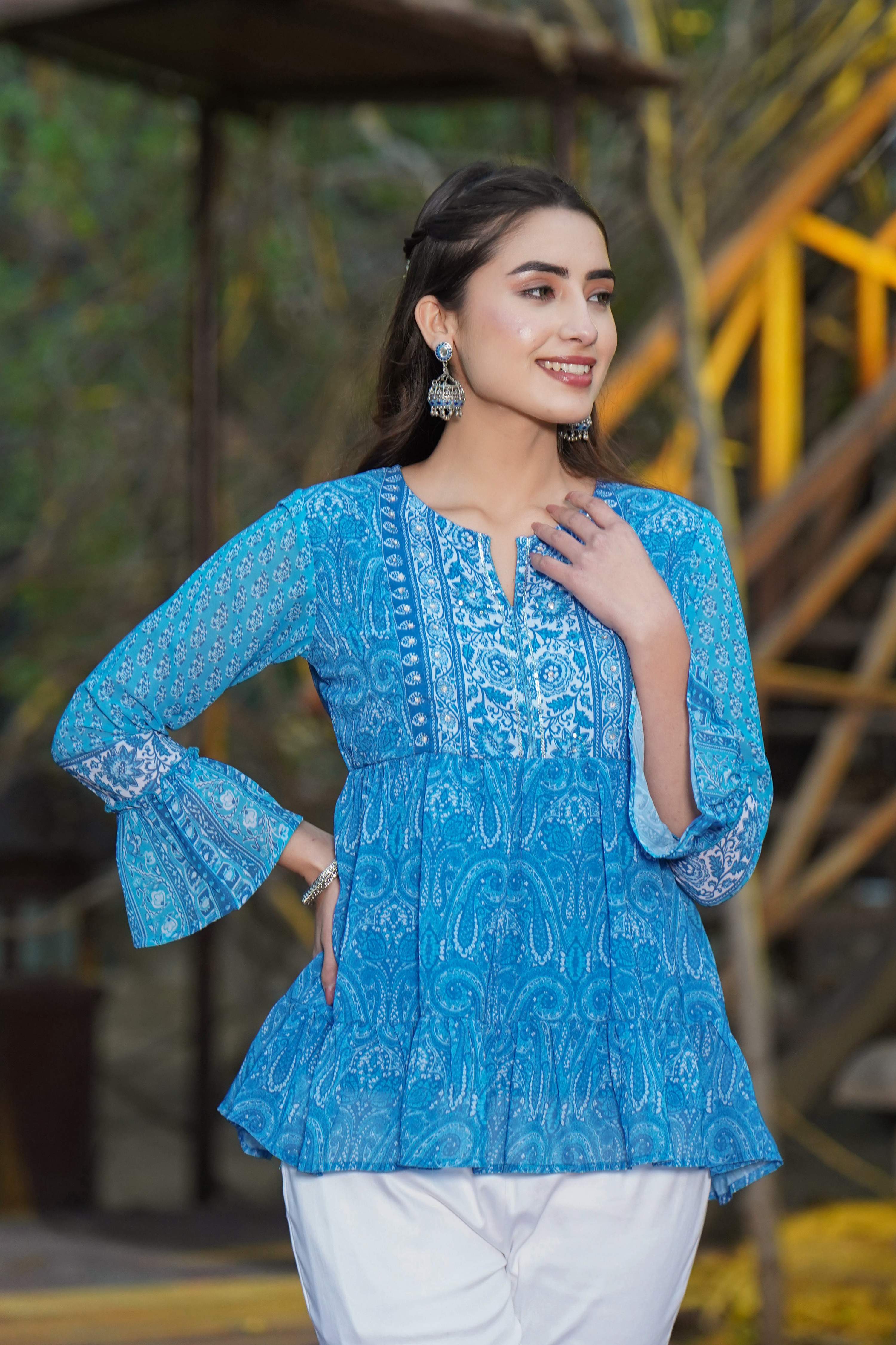 Juniper Women Blue Georgette Printed Tiered Top - Distacart