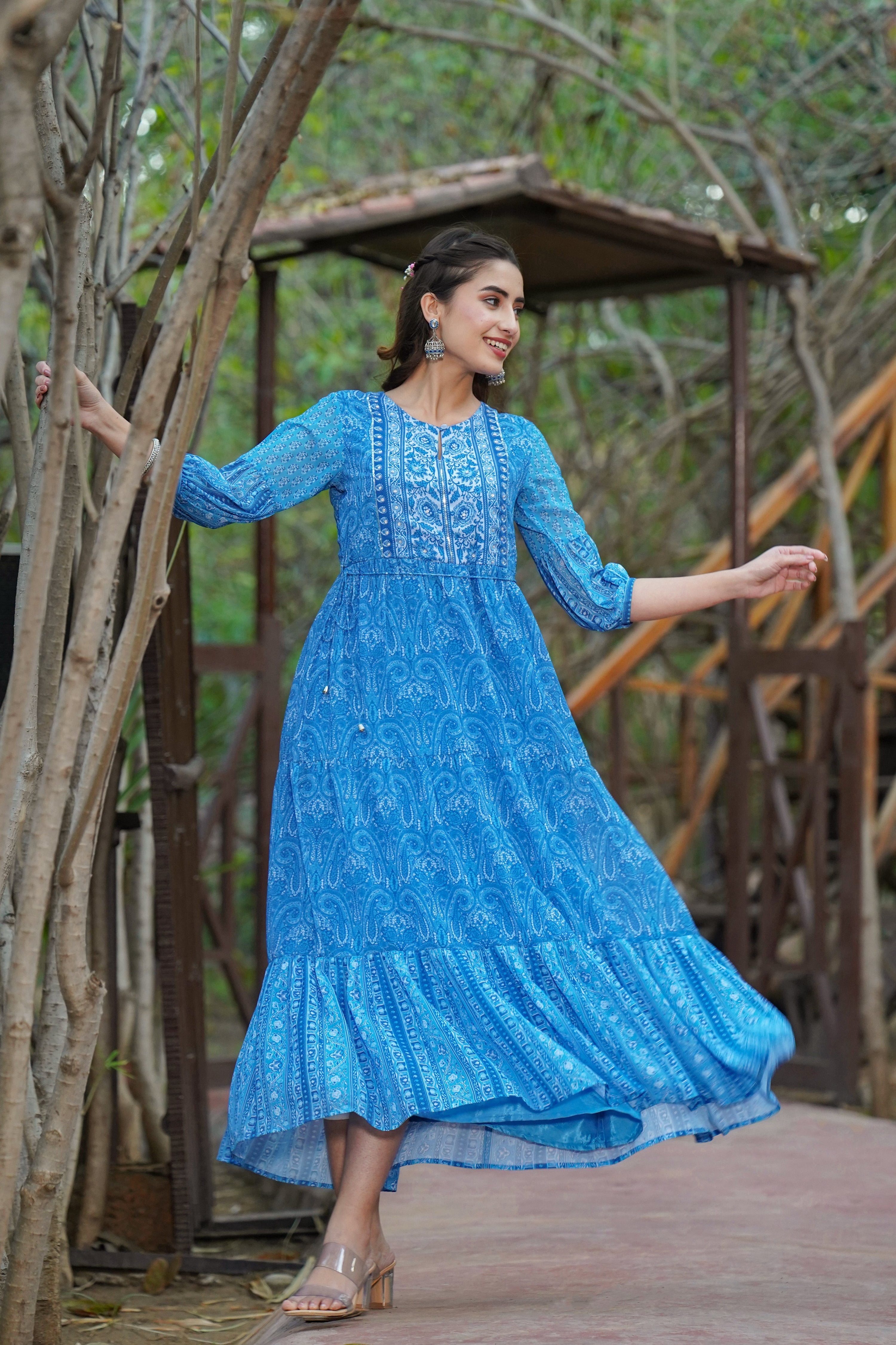 Juniper Womens Blue Georgette Floral Printed Tiered Dress - Distacart