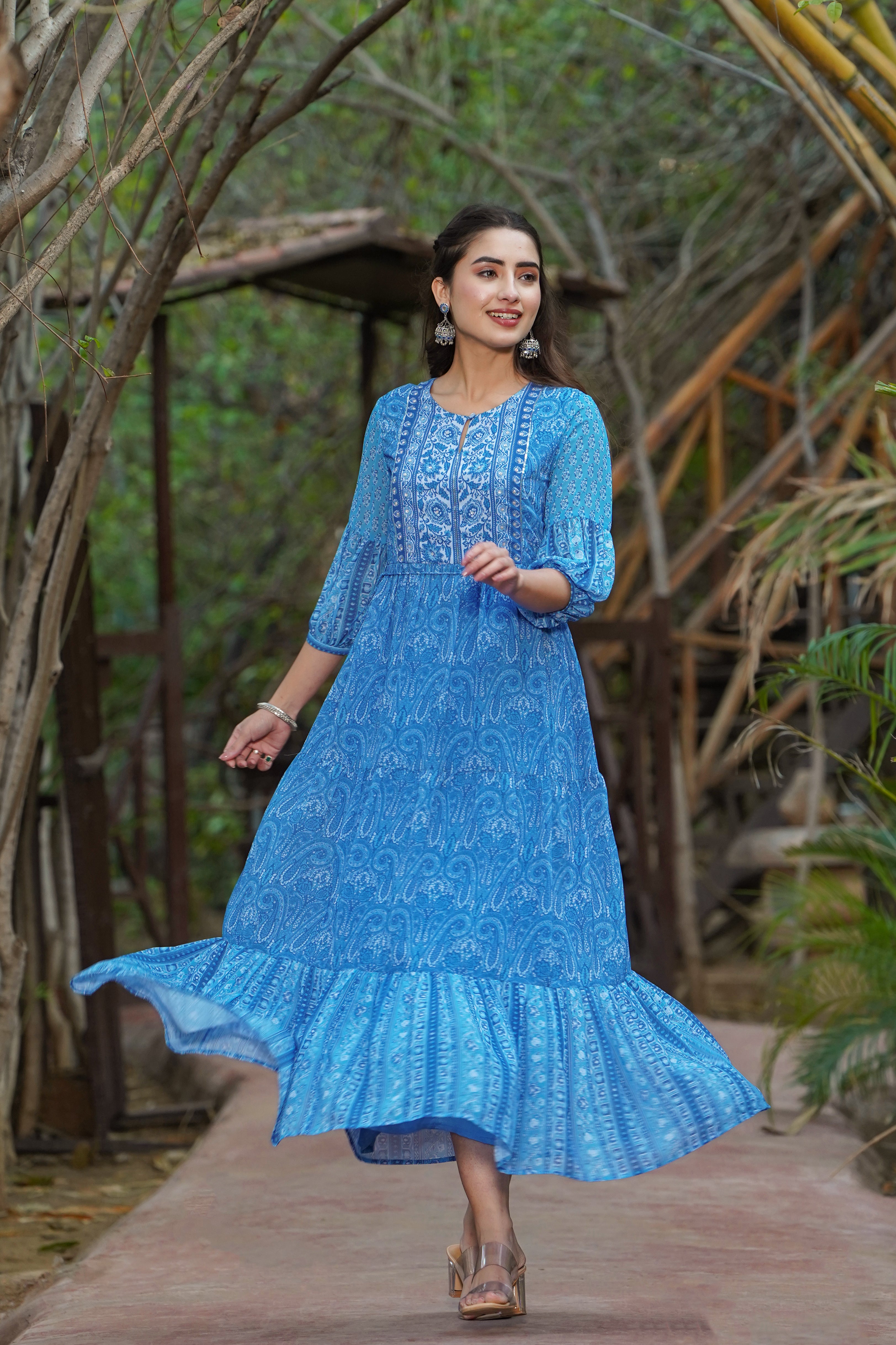 Juniper Womens Blue Georgette Floral Printed Tiered Dress - Distacart