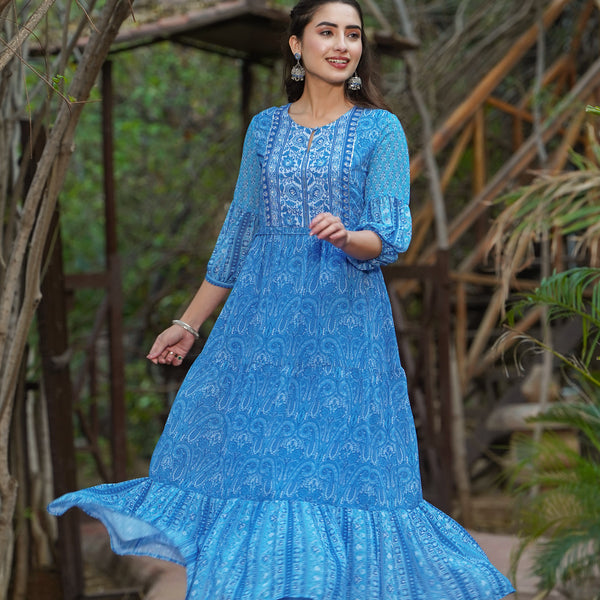 Juniper Womens Blue Georgette Floral Printed Tiered Dress - Distacart