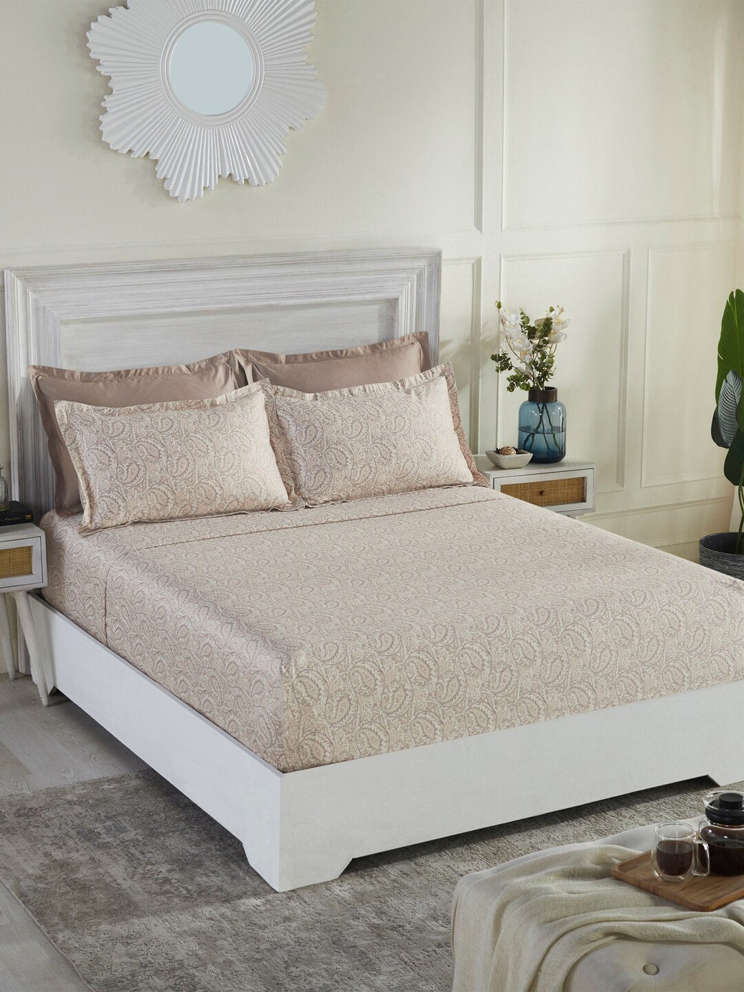 MYTRIDENTBeige White Ethnic Motifs 100% Cotton 400 TC King Bedsheet with 4 Pillow Covers - Distacart