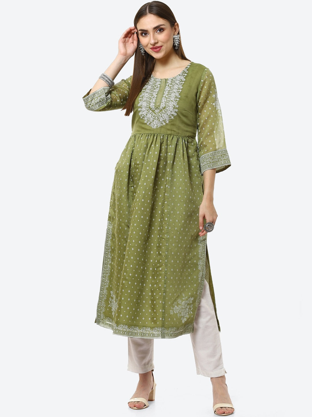 Biba Women Green Ethnic Motifs Printed Flared Sleeves Thread Work Anarkali Kurta - Distacart