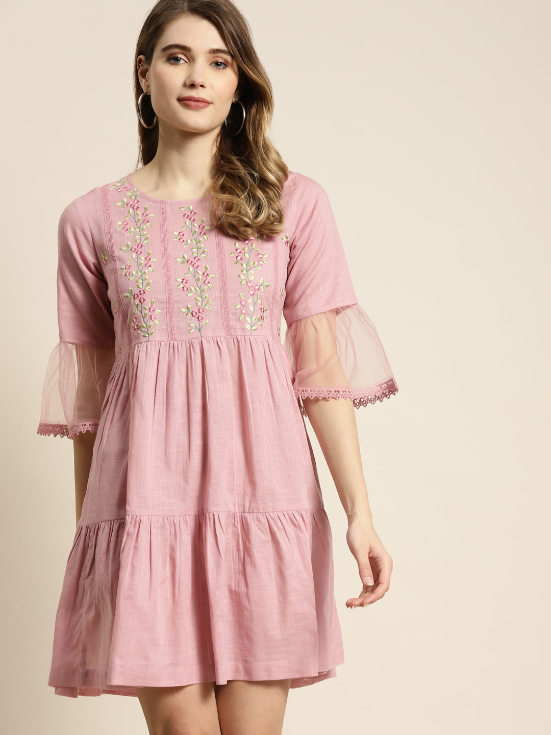 Juniper Womens Blushpink Cotton Slub Solid Embroidered Short Dress - Distacart
