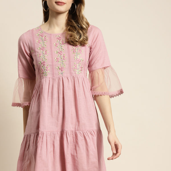 Juniper Womens Blushpink Cotton Slub Solid Embroidered Short Dress - Distacart