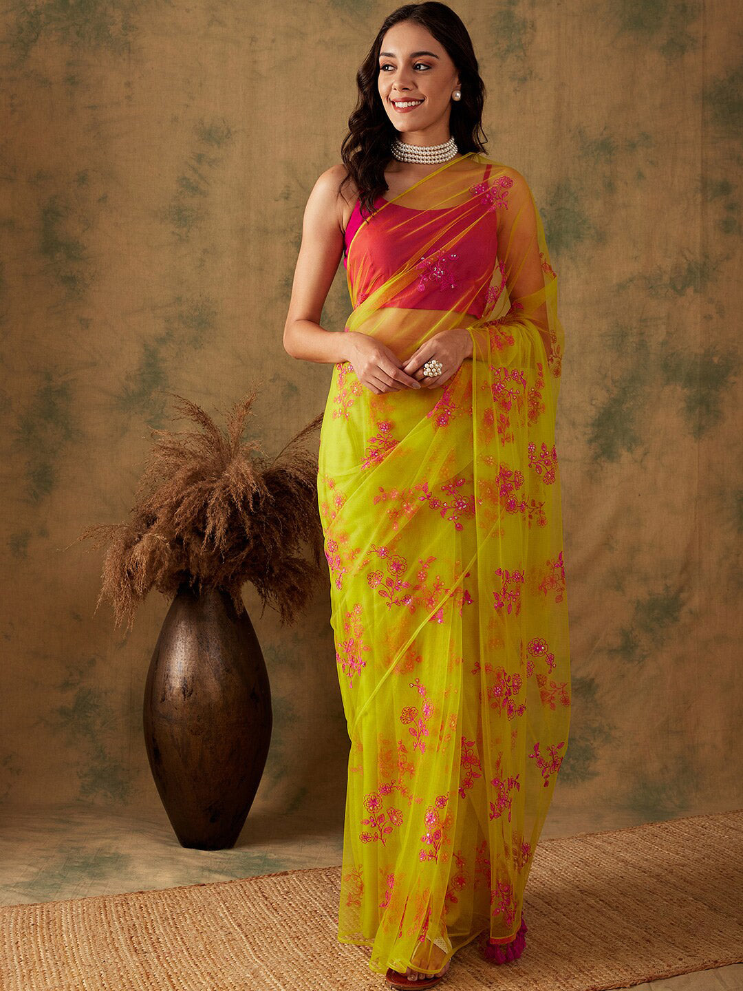 Sangria Floral Embroidered Sequins Details Net Saree - Distacart