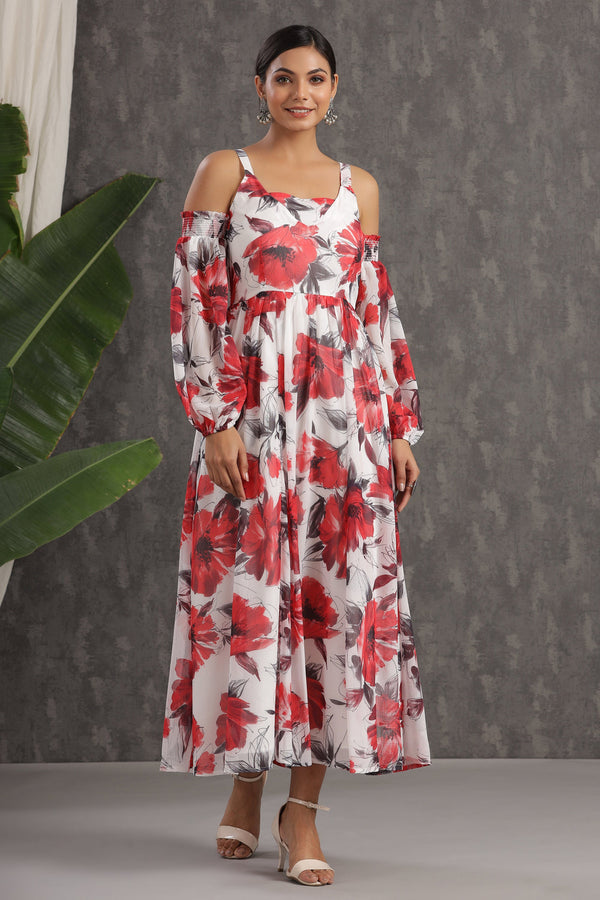 Juniper Women's White Chiffon Printed Flared Dress - Distacart