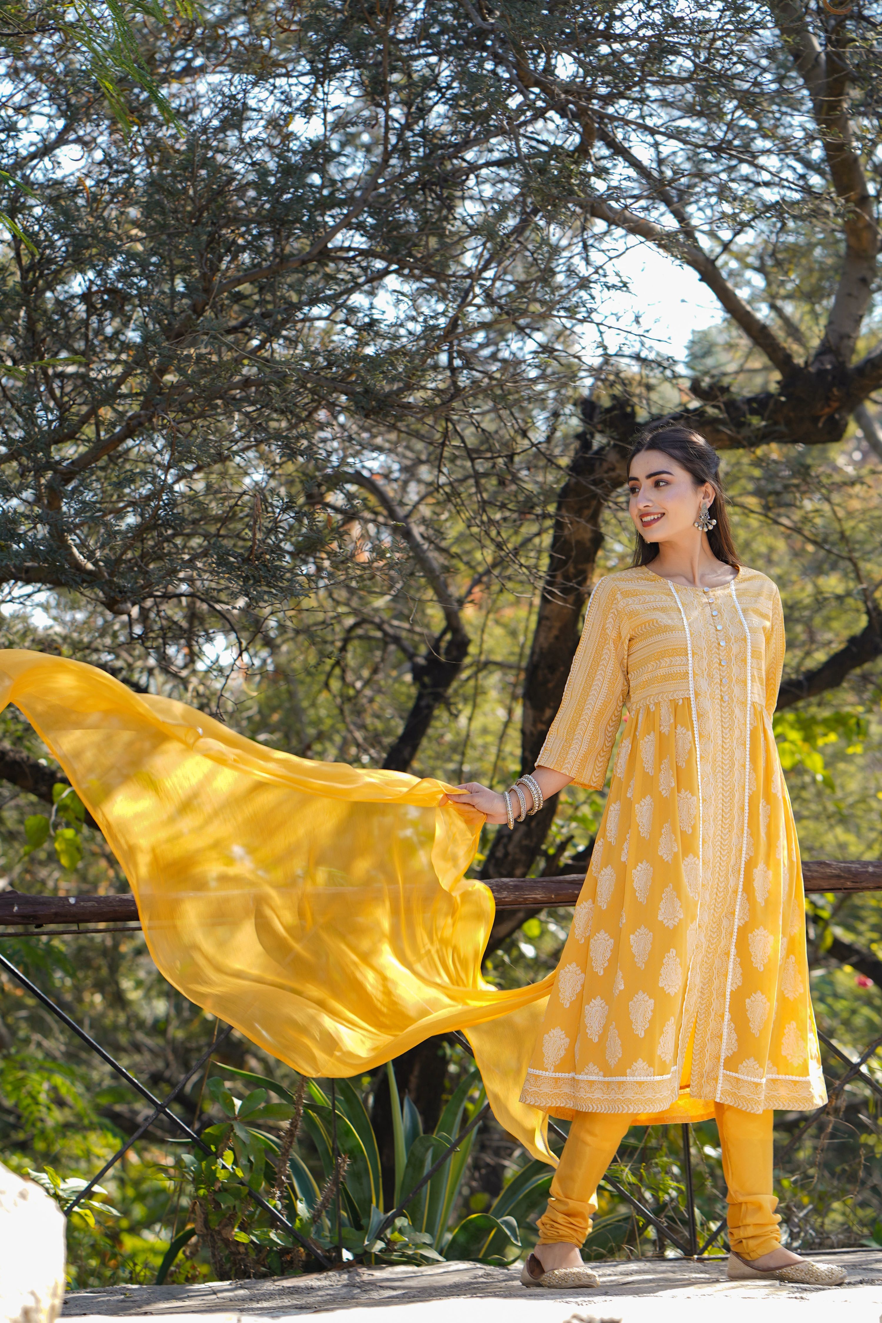 Juniper Women Yellow Georgette Printed Flared Kurta Sets - Distacart