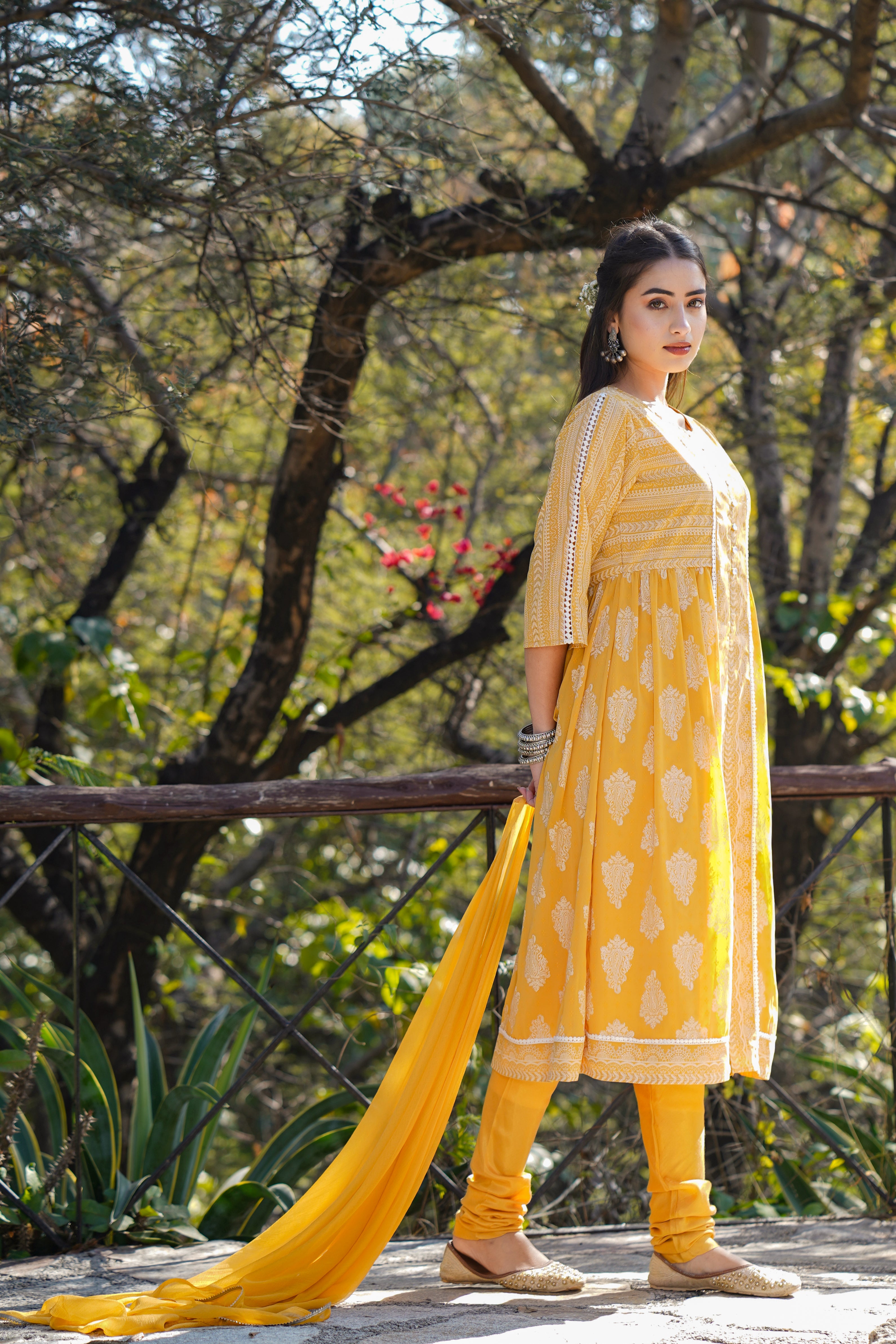 Juniper Women Yellow Georgette Printed Flared Kurta Sets - Distacart