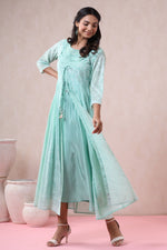 Thumbnail for Juniper Womens Mint Georgette Foil Printed Double Layred Anarkali Dress - Distacart