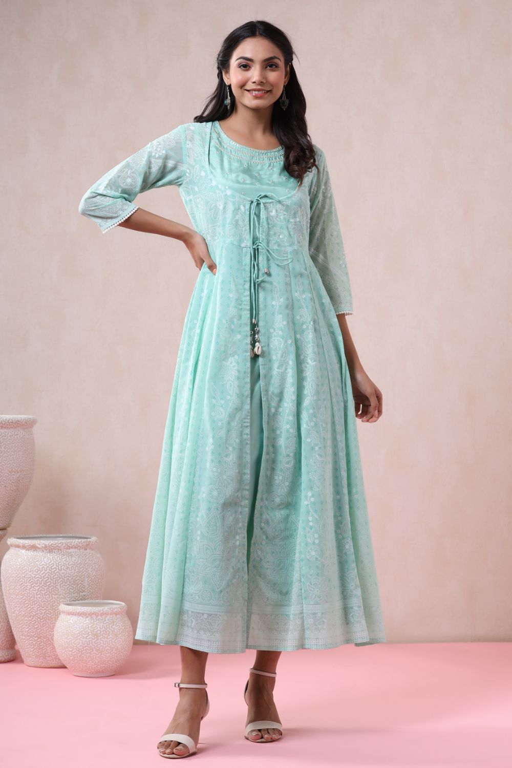 Juniper Womens Mint Georgette Foil Printed Double Layred Anarkali Dress - Distacart