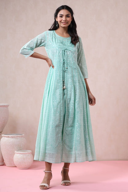 Juniper Womens Mint Georgette Foil Printed Double Layred Anarkali Dress - Distacart
