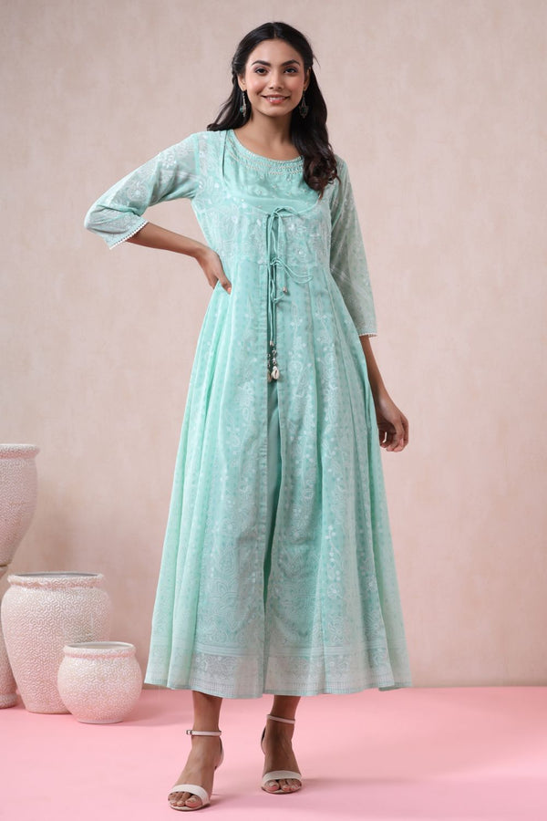 Juniper Womens Mint Georgette Foil Printed Double Layred Anarkali Dress - Distacart