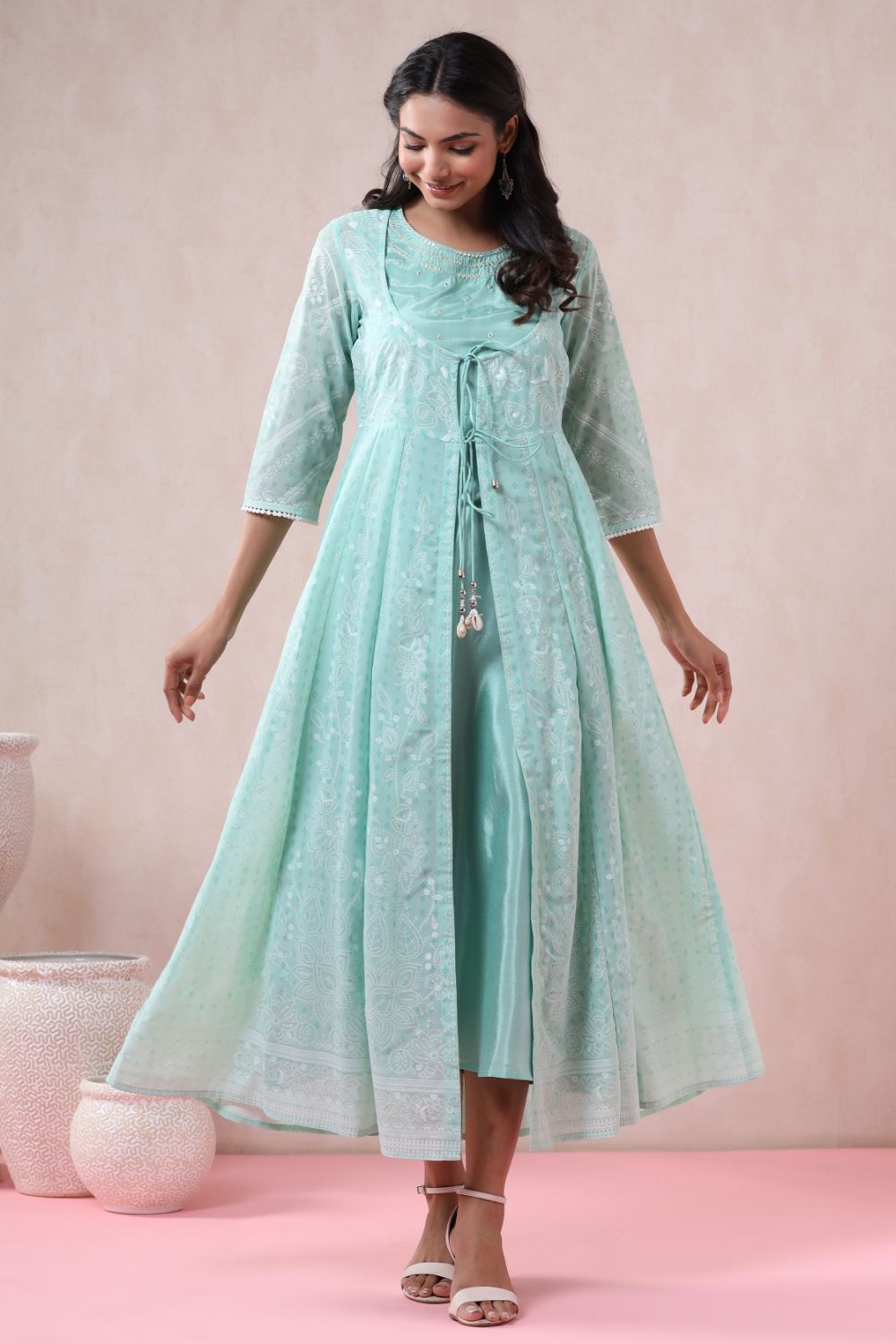 Juniper Womens Mint Georgette Foil Printed Double Layred Anarkali Dress - Distacart