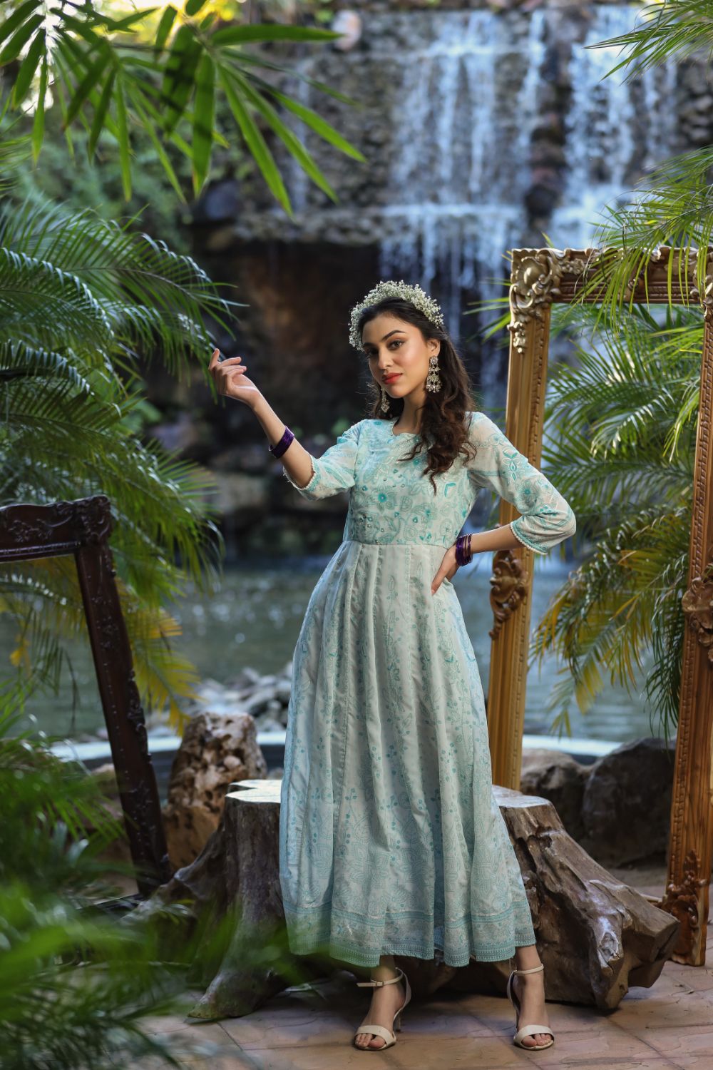 Juniper Womens Bluemulti Georgette Foil Printed Anarkali Dress - Distacart