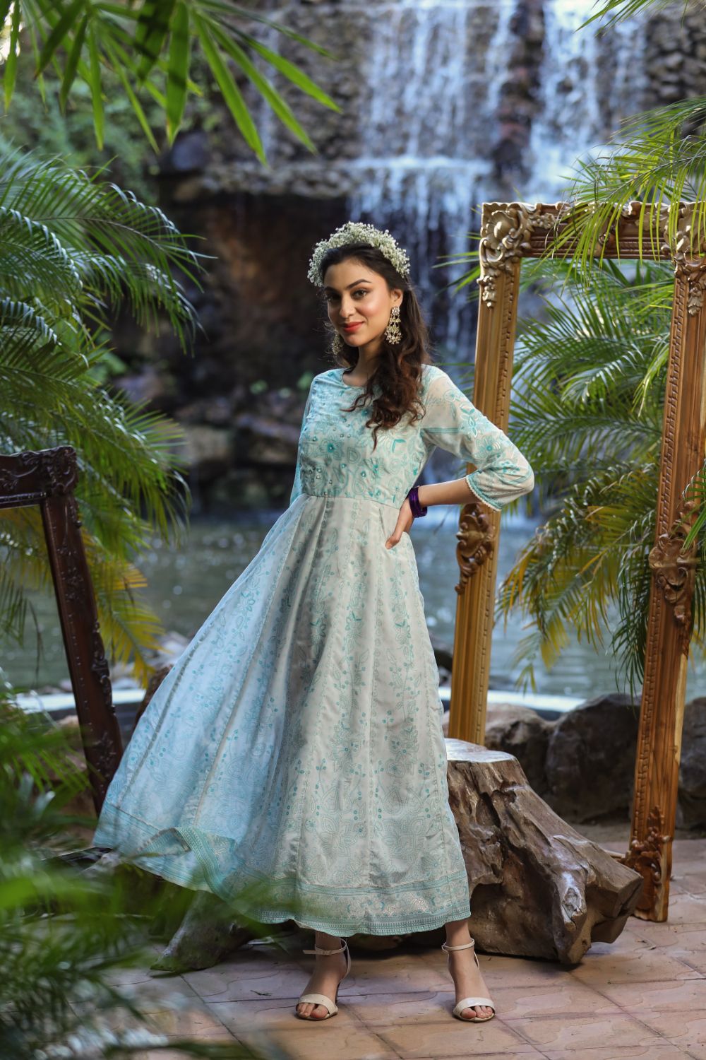 Juniper Womens Bluemulti Georgette Foil Printed Anarkali Dress - Distacart