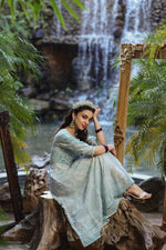 Thumbnail for Juniper Womens Bluemulti Georgette Foil Printed Anarkali Dress - Distacart