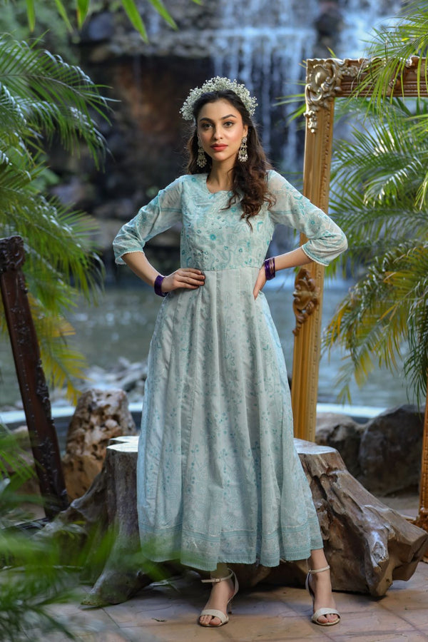 Juniper Womens Bluemulti Georgette Foil Printed Anarkali Dress - Distacart