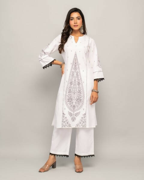 FIORRA Women's White Cotton Straight Kurta Palazzo Set - Distacart