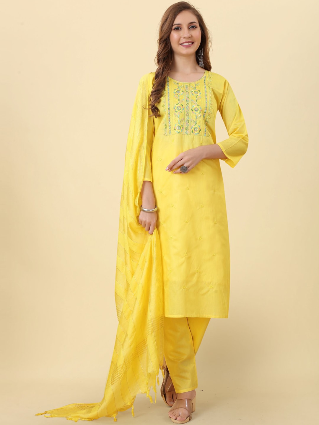 Kalini Ethnic Motifs Embroidered Regular Chanderi Silk Kurta With Trousers & Dupatta - Distacart
