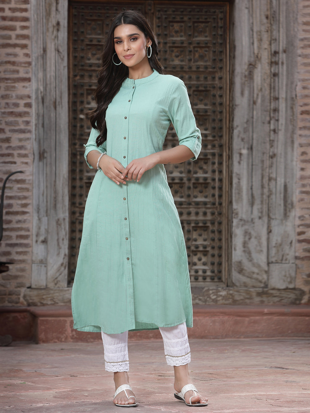 Juniper Women`s Green Cotton Flex Solid A-Line Kurta - Distacart