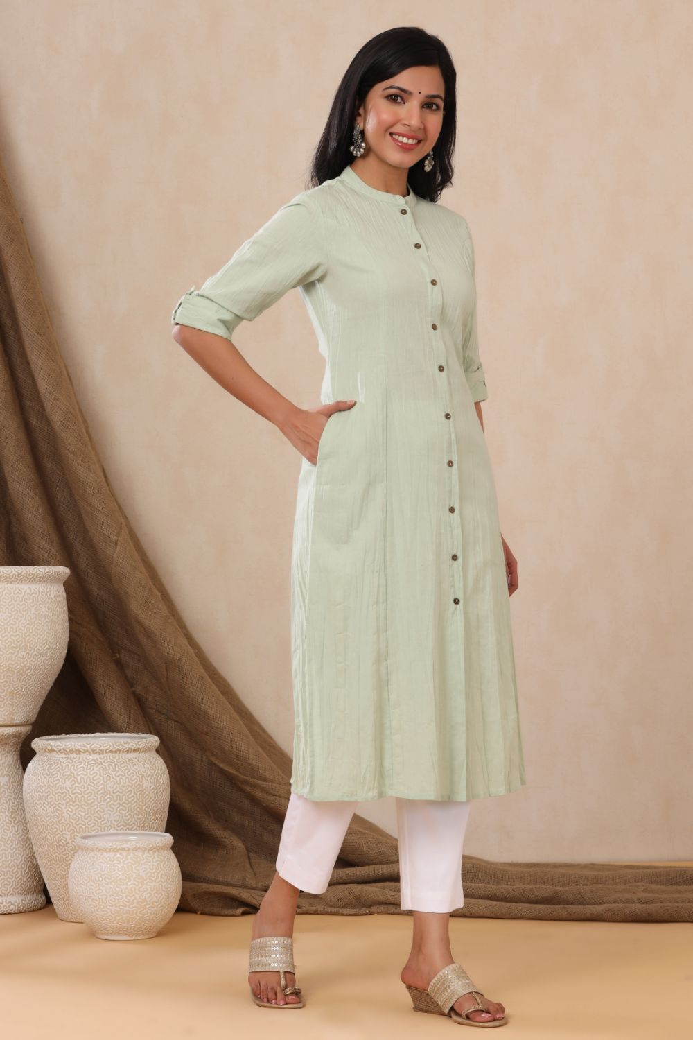 Juniper Womens Mint Cotton Flex Solid A-Line Kurta - Distacart