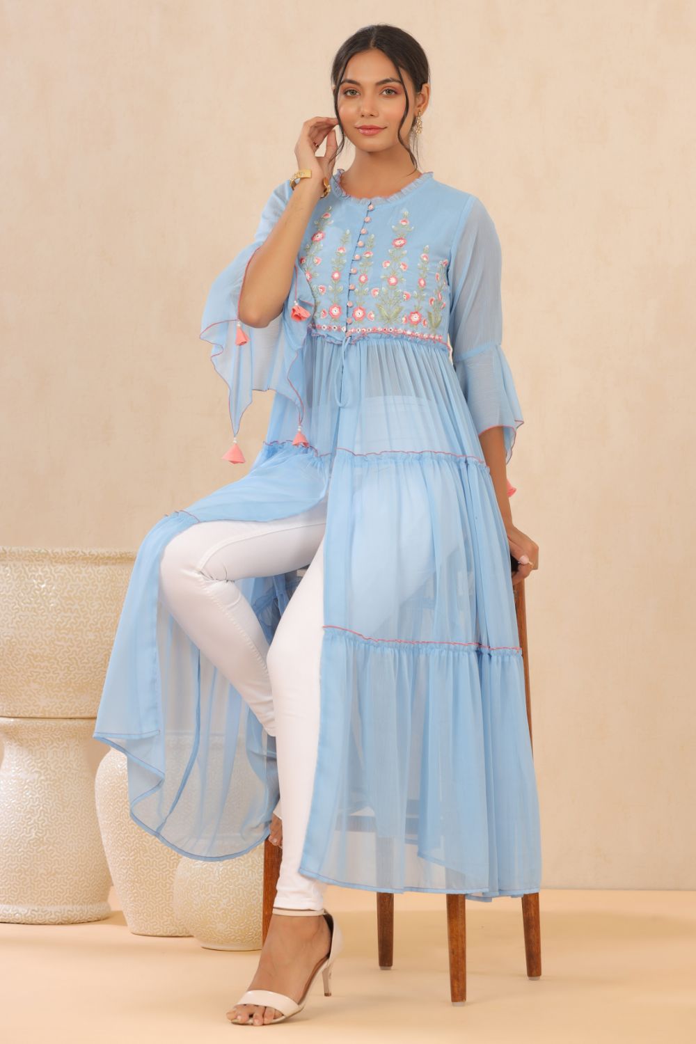 Juniper Womens Powderblue Chiffon Embroidered Tiered Kurta - Distacart