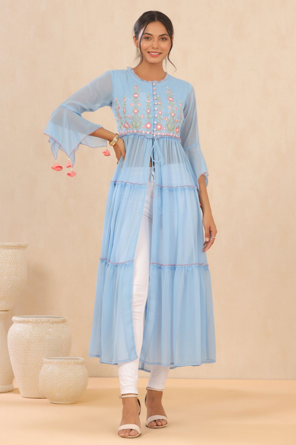 Juniper Womens Powderblue Chiffon Embroidered Tiered Kurta - Distacart