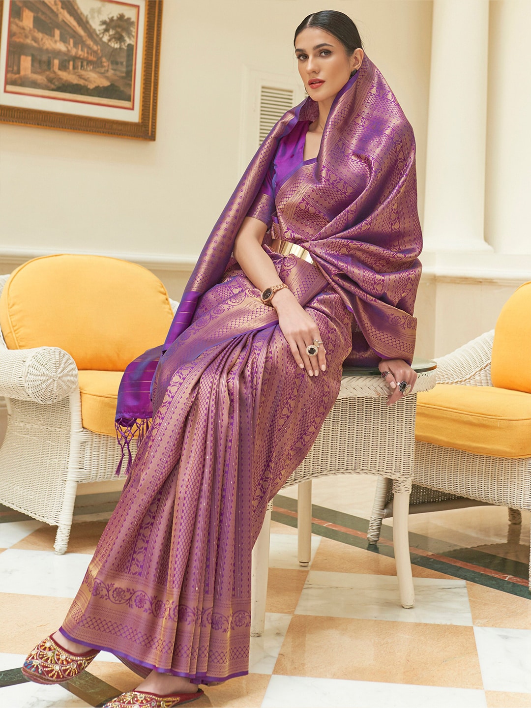 Mitera Purple & Golden Woven Design Zari Silk Blend Kanjeevaram Saree - Distacart