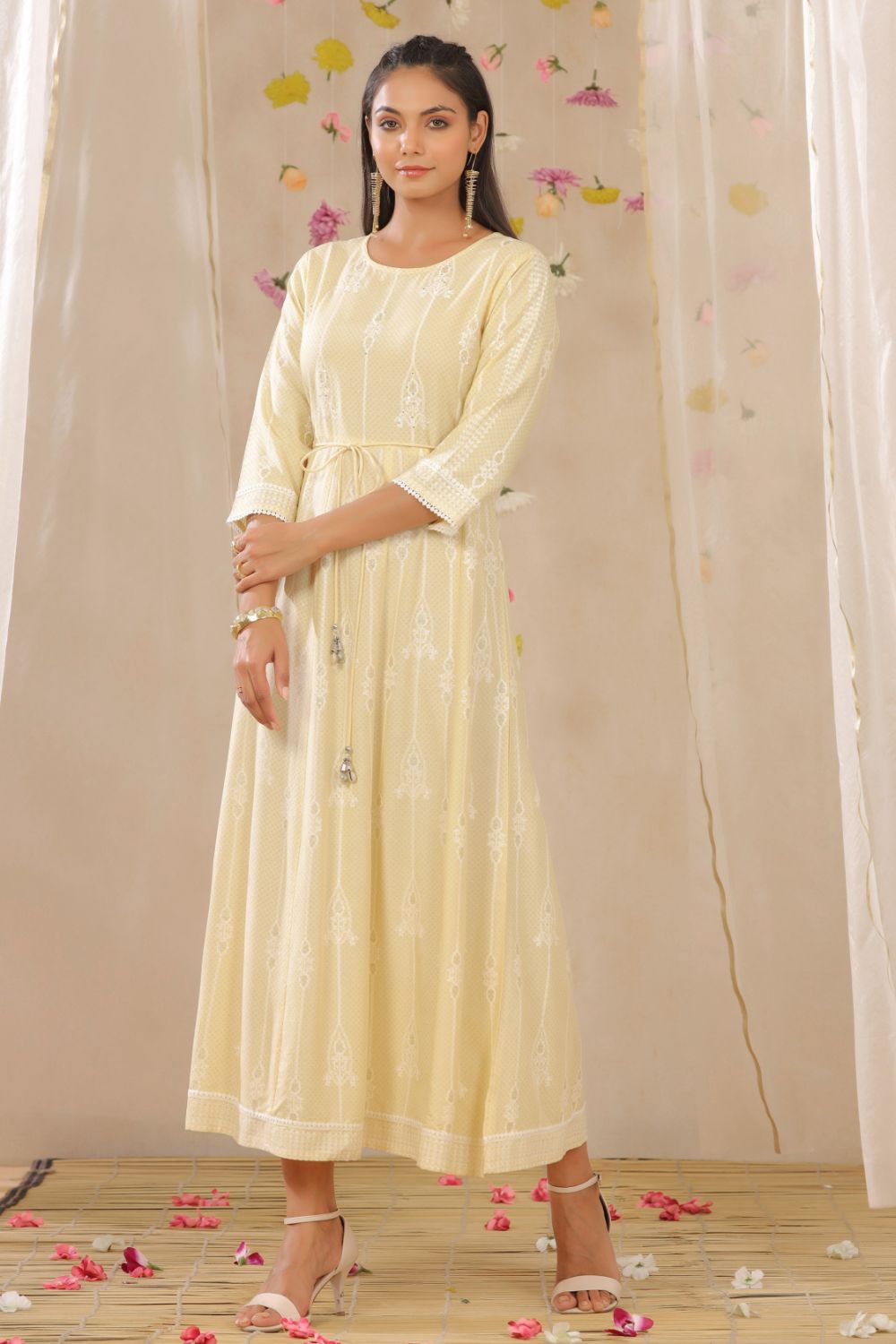 Juniper Womens Yellow Rayon Gliter Printed Anarkali Dress - Distacart