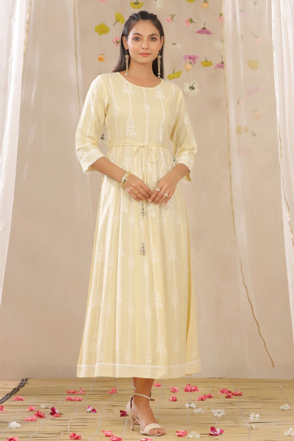 Juniper Womens Yellow Rayon Gliter Printed Anarkali Dress - Distacart