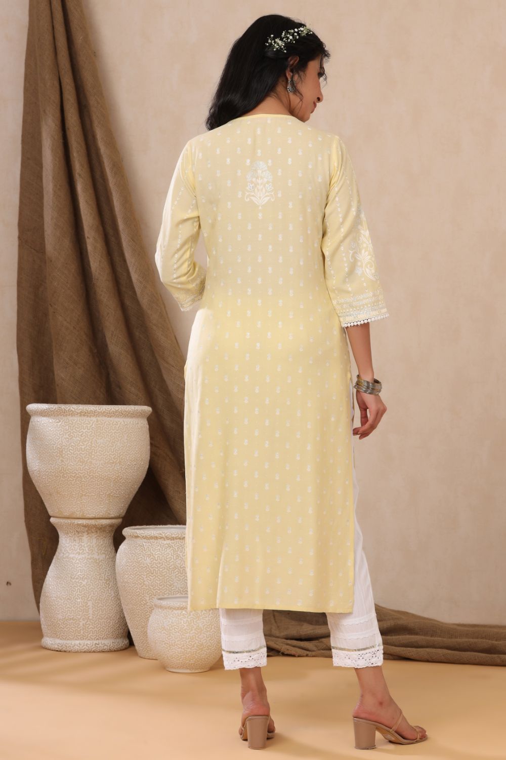 Juniper Womens Light Yellow Rayon Khari Printed Straight Kurta - Distacart