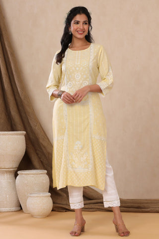 Juniper Womens Light Yellow Rayon Khari Printed Straight Kurta - Distacart