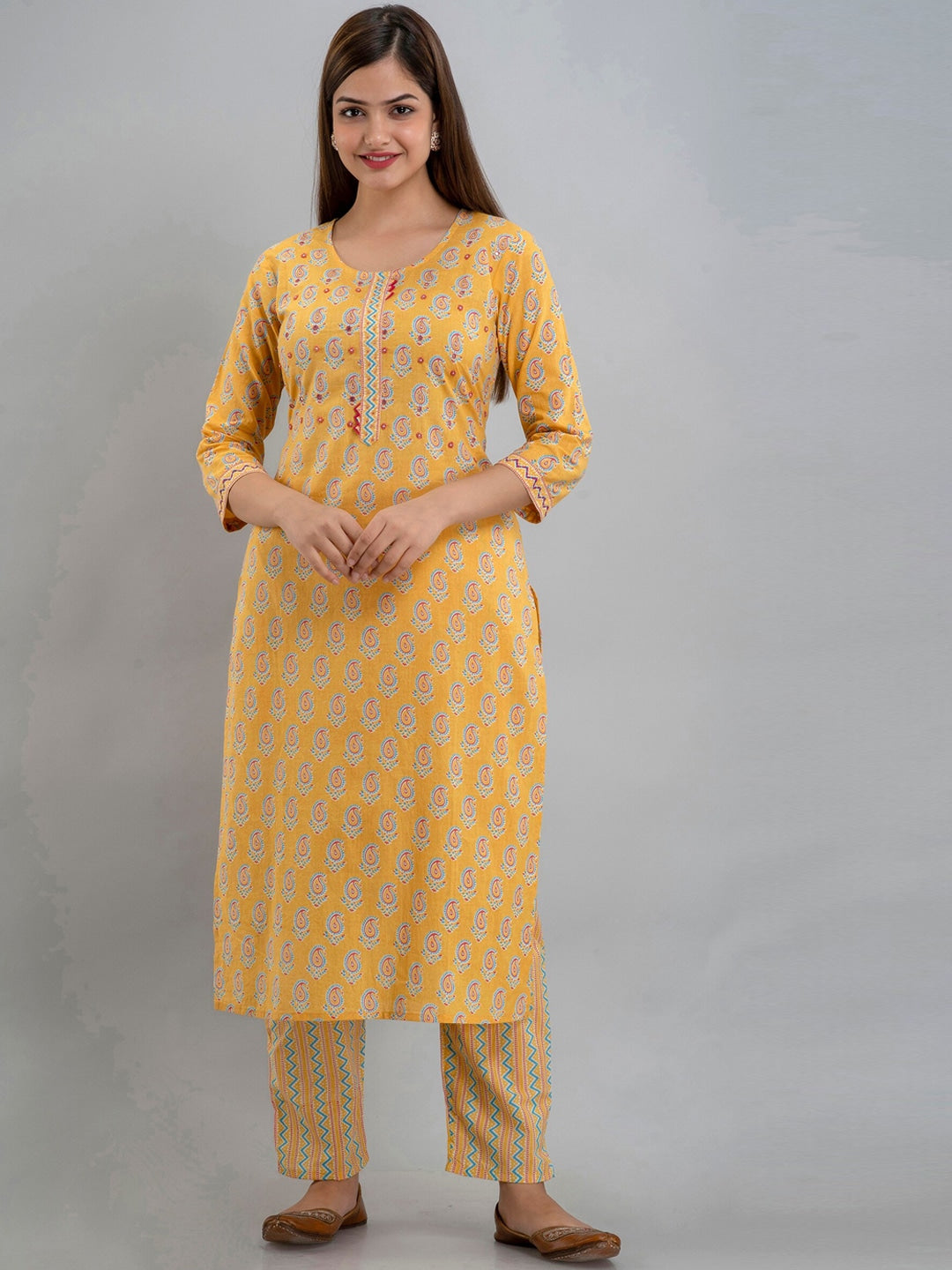 Kalini Women Yellow Ethnic Motifs Printed Pure Cotton Kurta with Trousers & With Dupatta - Distacart