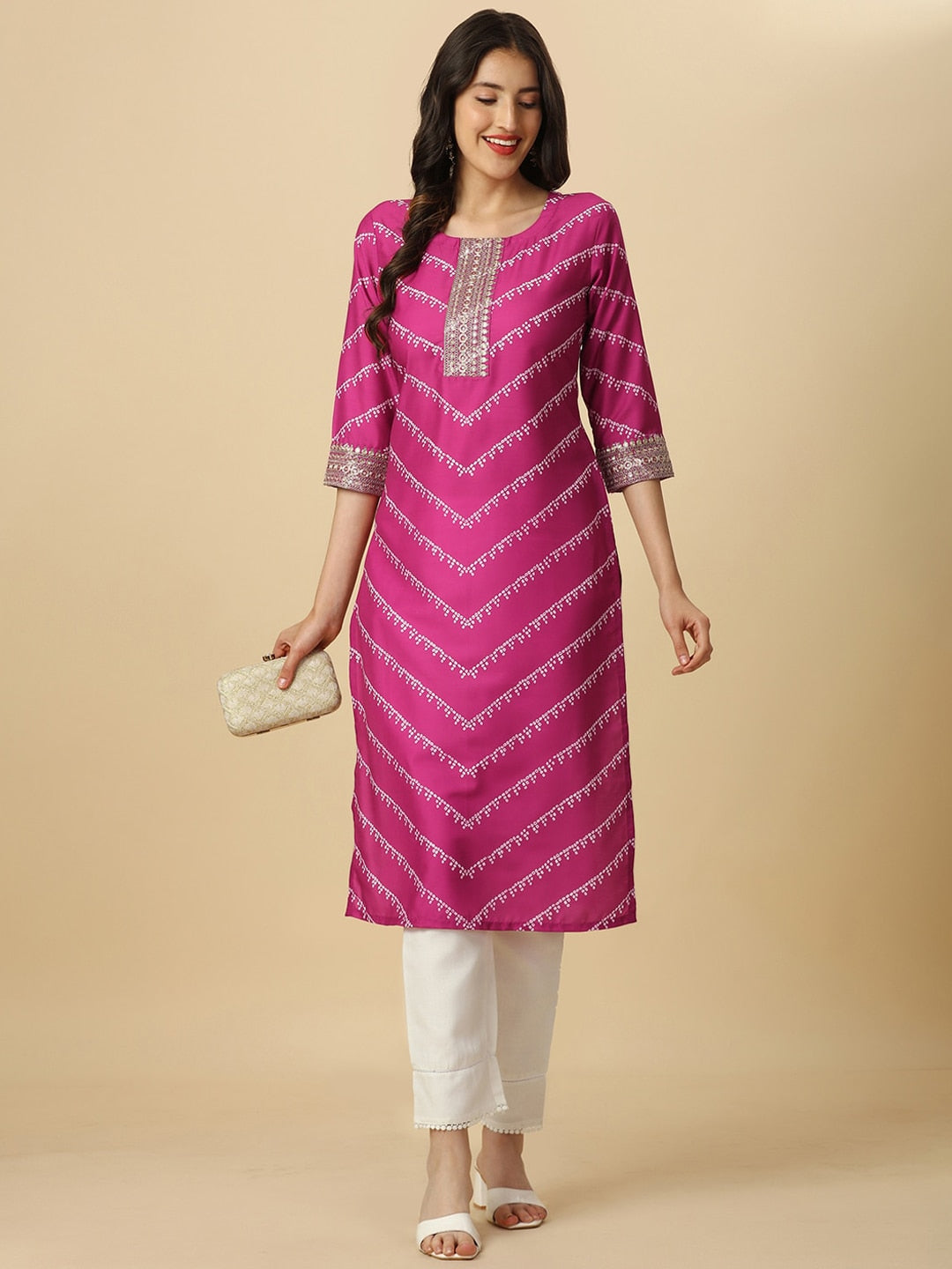 HERE&NOW Pink & White Bandhani Printed Sequinned Straight Kurta - Distacart