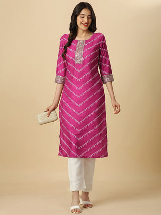 HERE&NOW Pink & White Bandhani Printed Sequinned Straight Kurta - Distacart