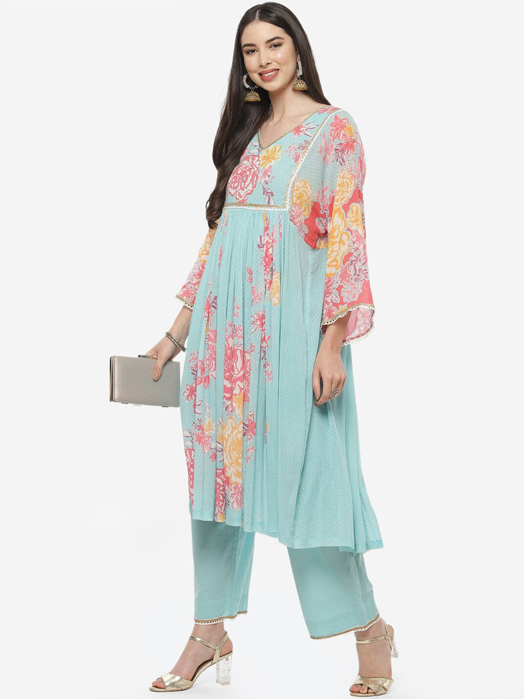 Biba Women Blue Floral Printed Empire Pure Cotton Kurta with Trousers - Distacart