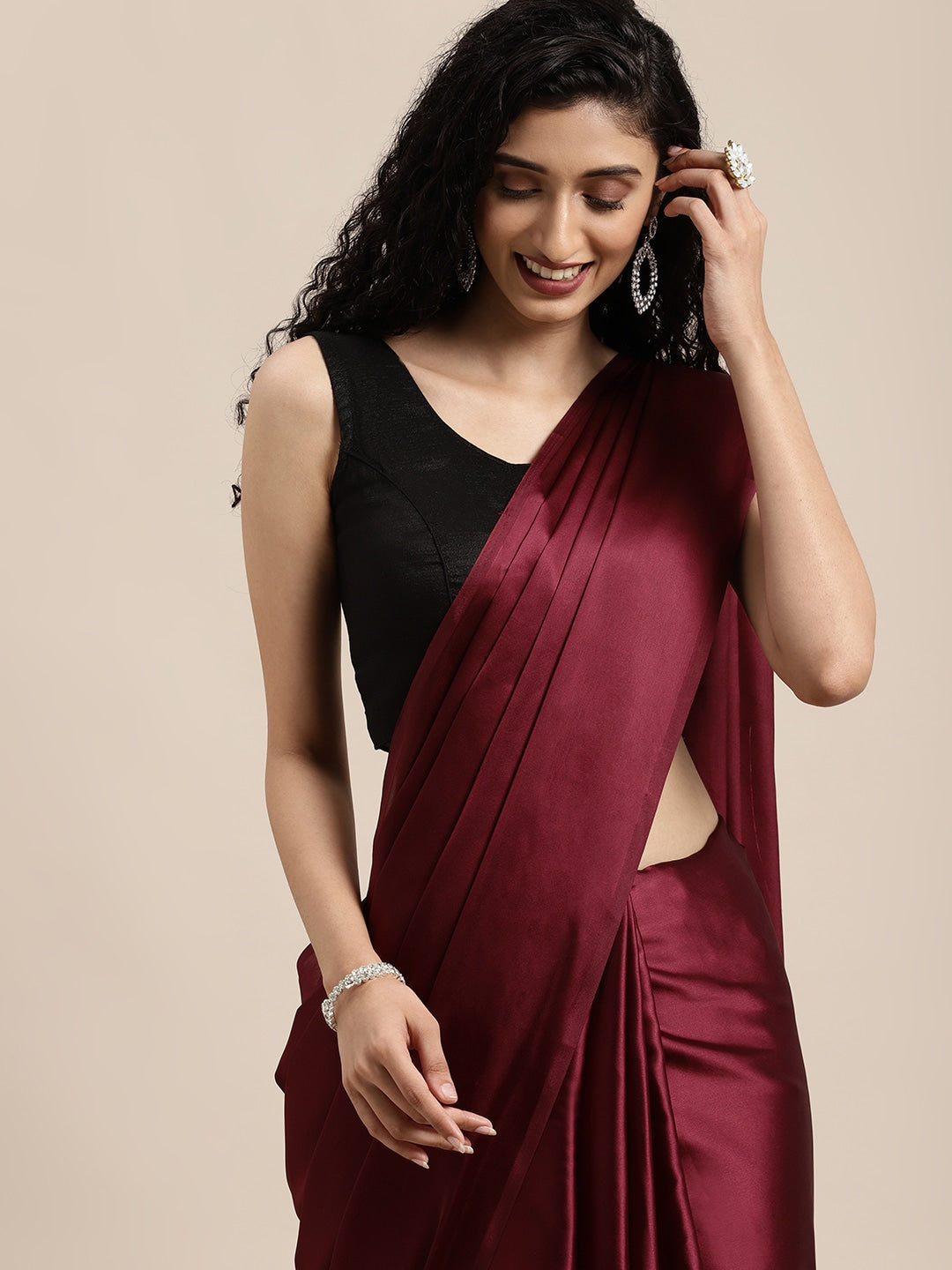 Mitera Maroon Solid Satin Saree - Distacart