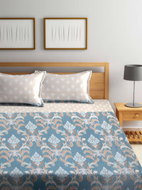 Thumbnail for Arrabi Beige & Blue Floral 300 TC Super King Bedsheet With 2 Pillow Covers - Distacart