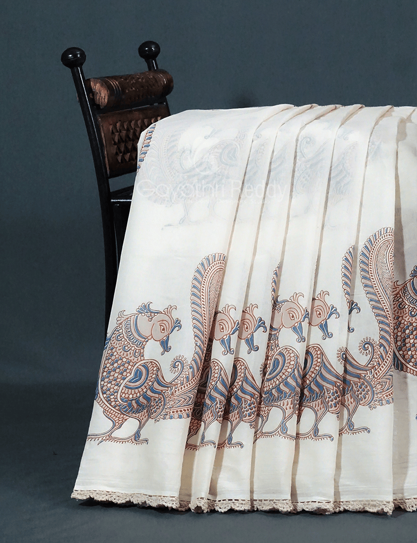 Cream Colour Peacock Block Print Crocia Mulmul Cotton Saree By Gayathri Reddy Designer Studio - Distacart