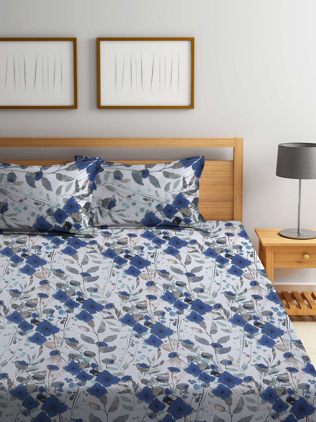 BOMBAY DYEING Blue & White Floral Cotton 144 TC Queen Bedsheet With 2 Pillow Covers - Distacart