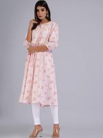 Thumbnail for HERE&NOW Peach & White Floral Printed Tie-Up Neck Cotton A-Line Kurta - Distacart