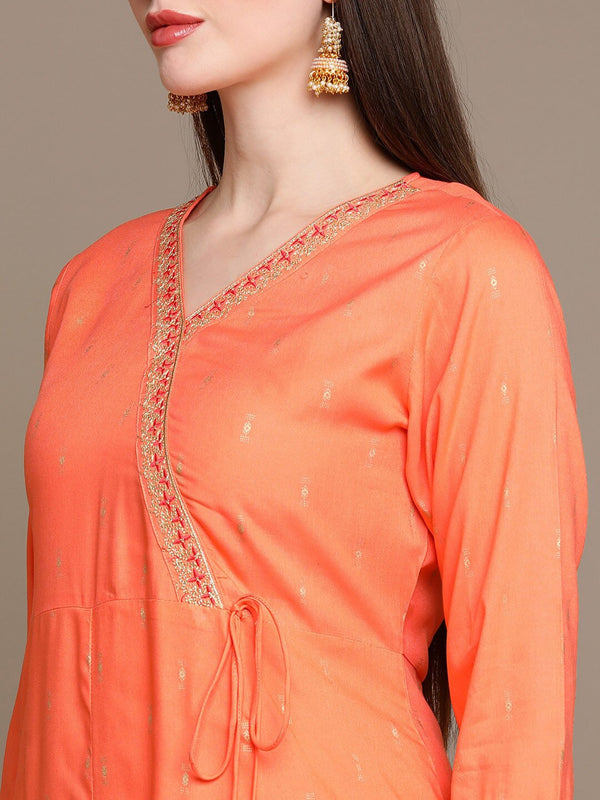 HERE&NOW Ethnic Motifs Printed Thread Work Angrakha Kurta with Palazzos & Dupatta - Distacart