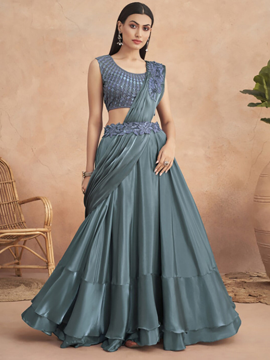 Mitera Grey Embroidered Satin Lehenga Saree - Distacart