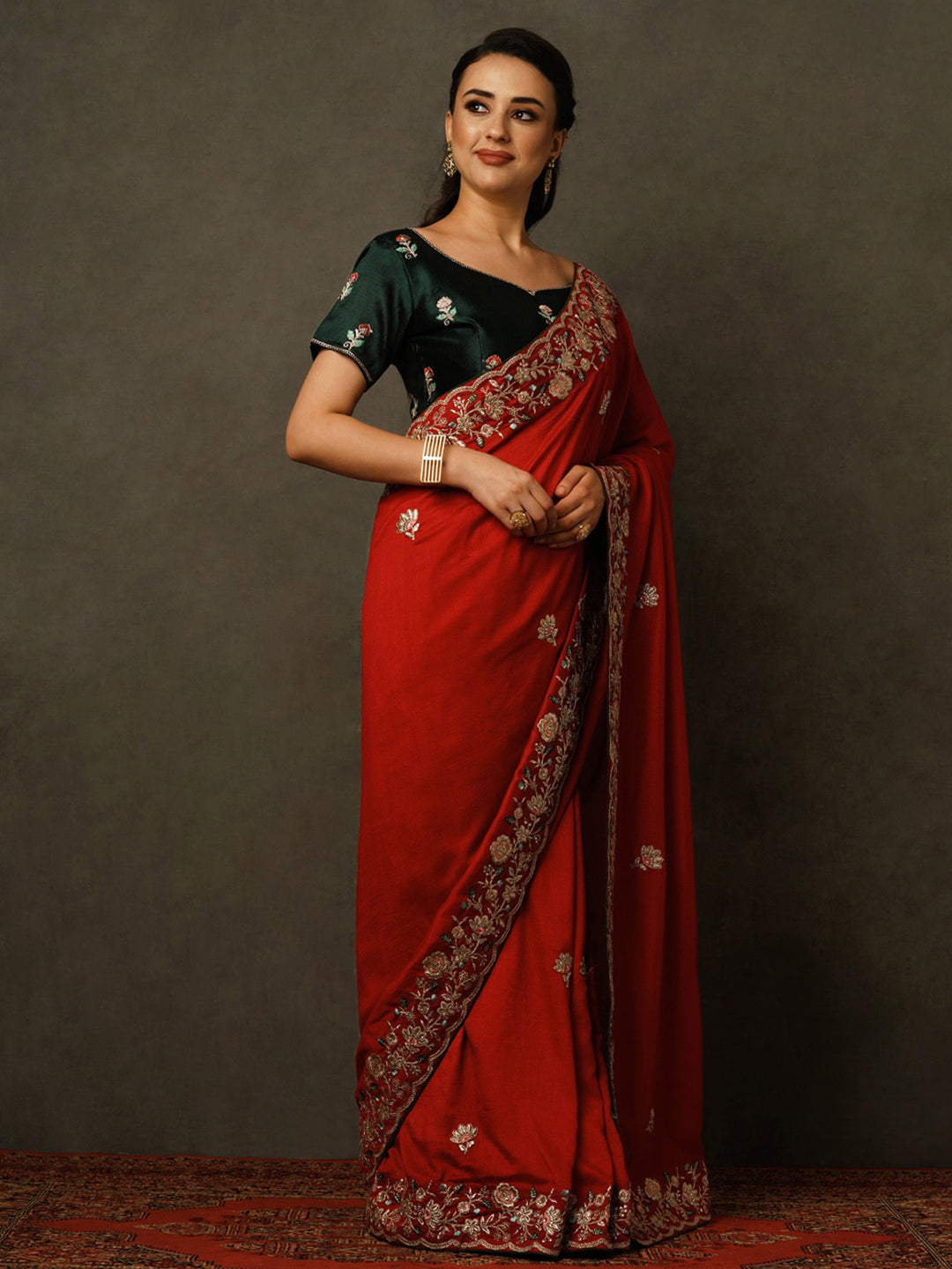 Mitera Red & Green Ethnic Motifs Embroidered Saree - Distacart