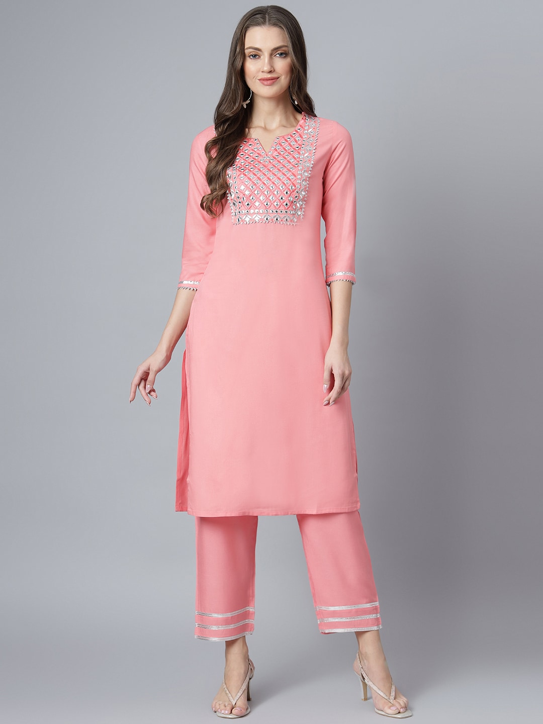 Khushal K Women Pink Yoke Design Embroirdered Kurta with Trousers - Distacart
